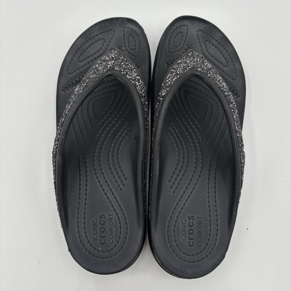 CROCS Sloane Sandals Womens 9 Glitter Wedge Flip Flops Slip On Black - Picture 3 of 8